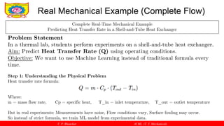 V. P. Bhaurkar AI ML (T. Y. Mechanical)
Real Mechanical Example (Complete Flow)
Complete Real-Time Mechanical Example
Predicting Heat Transfer Rate in a Shell-and-Tube Heat Exchanger
Problem Statement
In a thermal lab, students perform experiments on a shell-and-tube heat exchanger.
Aim: Predict Heat Transfer Rate (Q) using operating conditions.
Objective: We want to use Machine Learning instead of traditional formula every
time.
Step 1: Understanding the Physical Problem
Heat transfer rate formula:
Where:
m = mass flow rate, Cp = specific heat, T_in = inlet temperature, T_out = outlet temperature
But in real experiments: Measurements have noise, Flow conditions vary, Surface fouling may occur.
So instead of strict formula, we train ML model from experimental data.
 