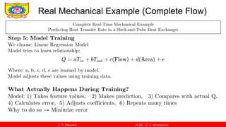 V. P. Bhaurkar AI ML (T. Y. Mechanical)
Real Mechanical Example (Complete Flow)
Complete Real-Time Mechanical Example
Predicting Heat Transfer Rate in a Shell-and-Tube Heat Exchanger
Step 5: Model Training
We choose: Linear Regression Model
Model tries to learn relationship:
Where: a, b, c, d, e are learned by model.
Model adjusts these values using training data.
What Actually Happens During Training?
Model: 1) Takes feature values, 2) Makes prediction, 3) Compares with actual Q,
4) Calculates error, 5) Adjusts coefficients, 6) Repeats many times
Why to do so → Minimize error
 