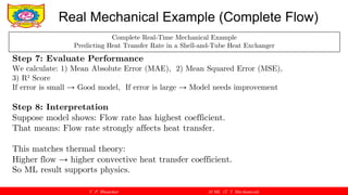 V. P. Bhaurkar AI ML (T. Y. Mechanical)
Real Mechanical Example (Complete Flow)
Complete Real-Time Mechanical Example
Predicting Heat Transfer Rate in a Shell-and-Tube Heat Exchanger
Step 7: Evaluate Performance
We calculate: 1) Mean Absolute Error (MAE), 2) Mean Squared Error (MSE),
3) R² Score
If error is small → Good model, If error is large → Model needs improvement
Step 8: Interpretation
Suppose model shows: Flow rate has highest coefficient.
That means: Flow rate strongly affects heat transfer.
This matches thermal theory:
Higher flow → higher convective heat transfer coefficient.
So ML result supports physics.
 