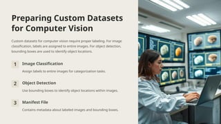 Preparing Custom Datasets
for Computer Vision
Custom datasets for computer vision require proper labeling. For image
classification, labels are assigned to entire images. For object detection,
bounding boxes are used to identify object locations.
1 Image Classification
Assign labels to entire images for categorization tasks.
2 Object Detection
Use bounding boxes to identify object locations within images.
3 Manifest File
Contains metadata about labeled images and bounding boxes.
 