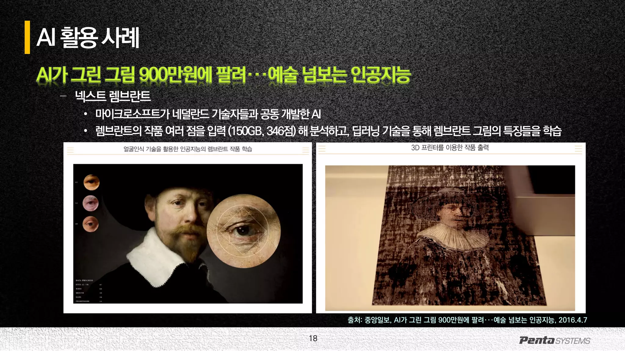 18
AI활용사례
AI가 그린 그림 900만원에 팔려···예술 넘보는 인공지능
– 넥스트렘브란트
• 마이크로소프트가 네덜란드 기술자들과공동개발한AI
• 렘브란트의작품여러점을입력(150GB, 346점) 해분석하고,딥러닝기술을통해렘브란트그림의특징들을학습
출처: 중앙일보, AI가 그린 그림 900만원에 팔려···예술 넘보는 인공지능, 2016.4.7
 
