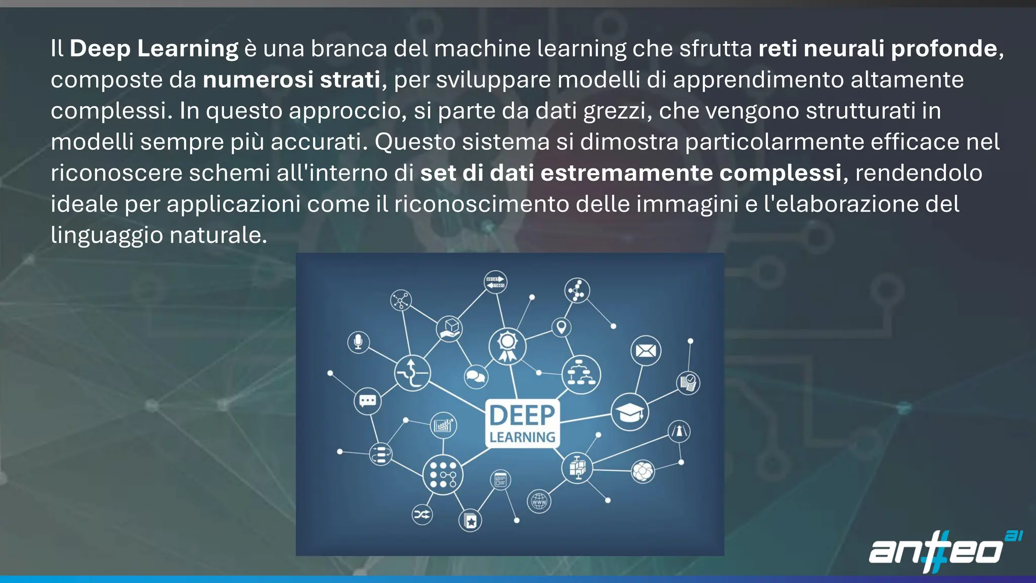 13
Il Deep Learning è una branca del machine learning che sfrutta reti neurali profonde,
composte da numerosi strati, per sviluppare modelli di apprendimento altamente
complessi. In questo approccio, si parte da dati grezzi, che vengono strutturati in
modelli sempre più accurati. Questo sistema si dimostra particolarmente efficace nel
riconoscere schemi all'interno di set di dati estremamente complessi, rendendolo
ideale per applicazioni come il riconoscimento delle immagini e l'elaborazione del
linguaggio naturale.
 