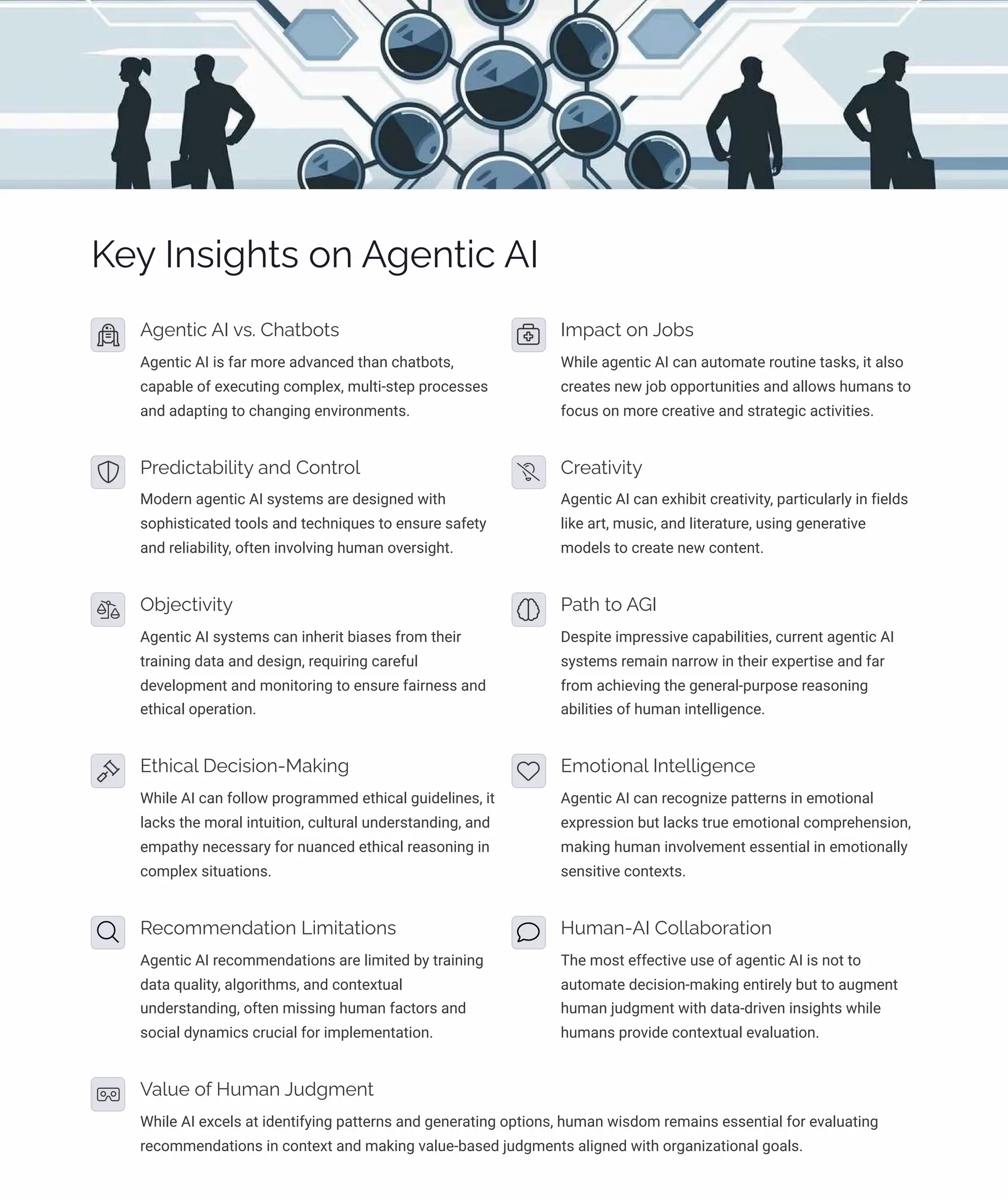 KpĞ Iµì•‰øì ¾µ A‰pµø•c AI
A‰pµø•c AI ėì. Caøb¾øì
Agentic AI is far more advanced than chatbots,
capable of executing complex, multi-step processes
and adapting to changing environments.
I³áacø ¾µ J¾bì
While agentic AI can automate routine tasks, it also
creates new job opportunities and allows humans to
focus on more creative and strategic activities.
Päpj•cøab•«•øĞ aµj C¾µøä¾«
Modern agentic AI systems are designed with
sophisticated tools and techniques to ensure safety
and reliability, often involving human oversight.
Cäpaø•ė•øĞ
Agentic AI can exhibit creativity, particularly in fields
like art, music, and literature, using generative
models to create new content.
Ob¥pcø•ė•øĞ
Agentic AI systems can inherit biases from their
training data and design, requiring careful
development and monitoring to ensure fairness and
ethical operation.
Paø ø¾ AGI
Despite impressive capabilities, current agentic AI
systems remain narrow in their expertise and far
from achieving the general-purpose reasoning
abilities of human intelligence.
Eø•ca« Dpc•ì•¾µ-Ma¨•µ‰
While AI can follow programmed ethical guidelines, it
lacks the moral intuition, cultural understanding, and
empathy necessary for nuanced ethical reasoning in
complex situations.
E³¾ø•¾µa« Iµøp««•‰pµcp
Agentic AI can recognize patterns in emotional
expression but lacks true emotional comprehension,
making human involvement essential in emotionally
sensitive contexts.
Rpc¾³³pµjaø•¾µ L•³•øaø•¾µì
Agentic AI recommendations are limited by training
data quality, algorithms, and contextual
understanding, often missing human factors and
social dynamics crucial for implementation.
HĀ³aµ-AI C¾««ab¾äaø•¾µ
The most effective use of agentic AI is not to
automate decision-making entirely but to augment
human judgment with data-driven insights while
humans provide contextual evaluation.
Va«Āp ¾ˆ HĀ³aµ JĀj‰³pµø
While AI excels at identifying patterns and generating options, human wisdom remains essential for evaluating
recommendations in context and making value-based judgments aligned with organizational goals.
 