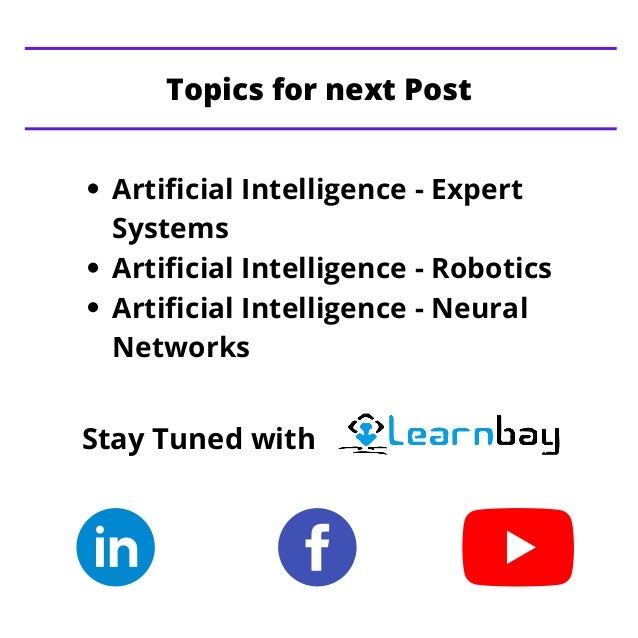 Artificial Intelligence - Expert
Systems
Artificial Intelligence - Robotics
Artificial Intelligence - Neural
Networks
Topics for next Post
Stay Tuned with
 