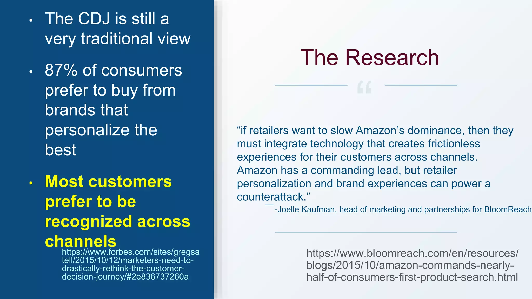 “if retailers want to slow Amazon’s dominance, then they
must integrate technology that creates frictionless
experiences for their customers across channels.
Amazon has a commanding lead, but retailer
personalization and brand experiences can power a
counterattack.”
• The CDJ is still a
very traditional view
• 87% of consumers
prefer to buy from
brands that
personalize the
best
• Most customers
prefer to be
recognized across
channelshttps://www.forbes.com/sites/gregsa
tell/2015/10/12/marketers-need-to-
drastically-rethink-the-customer-
decision-journey/#2e836737260a
-Joelle Kaufman, head of marketing and partnerships for BloomReach.
—
https://www.bloomreach.com/en/resources/
blogs/2015/10/amazon-commands-nearly-
half-of-consumers-first-product-search.html
The Research
 