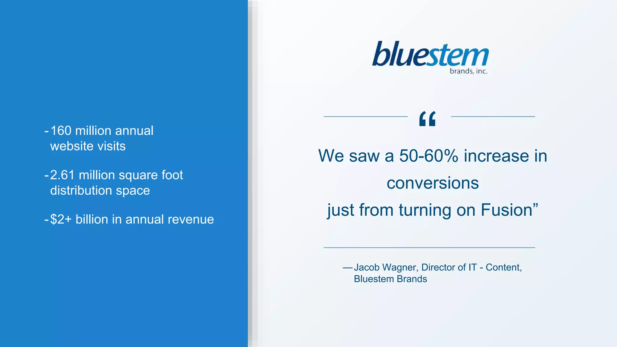We saw a 50-60% increase in
conversions
just from turning on Fusion”
“
Jacob Wagner, Director of IT - Content,
Bluestem Brands
—
-160 million annual
website visits
-2.61 million square foot
distribution space
-$2+ billion in annual revenue
 