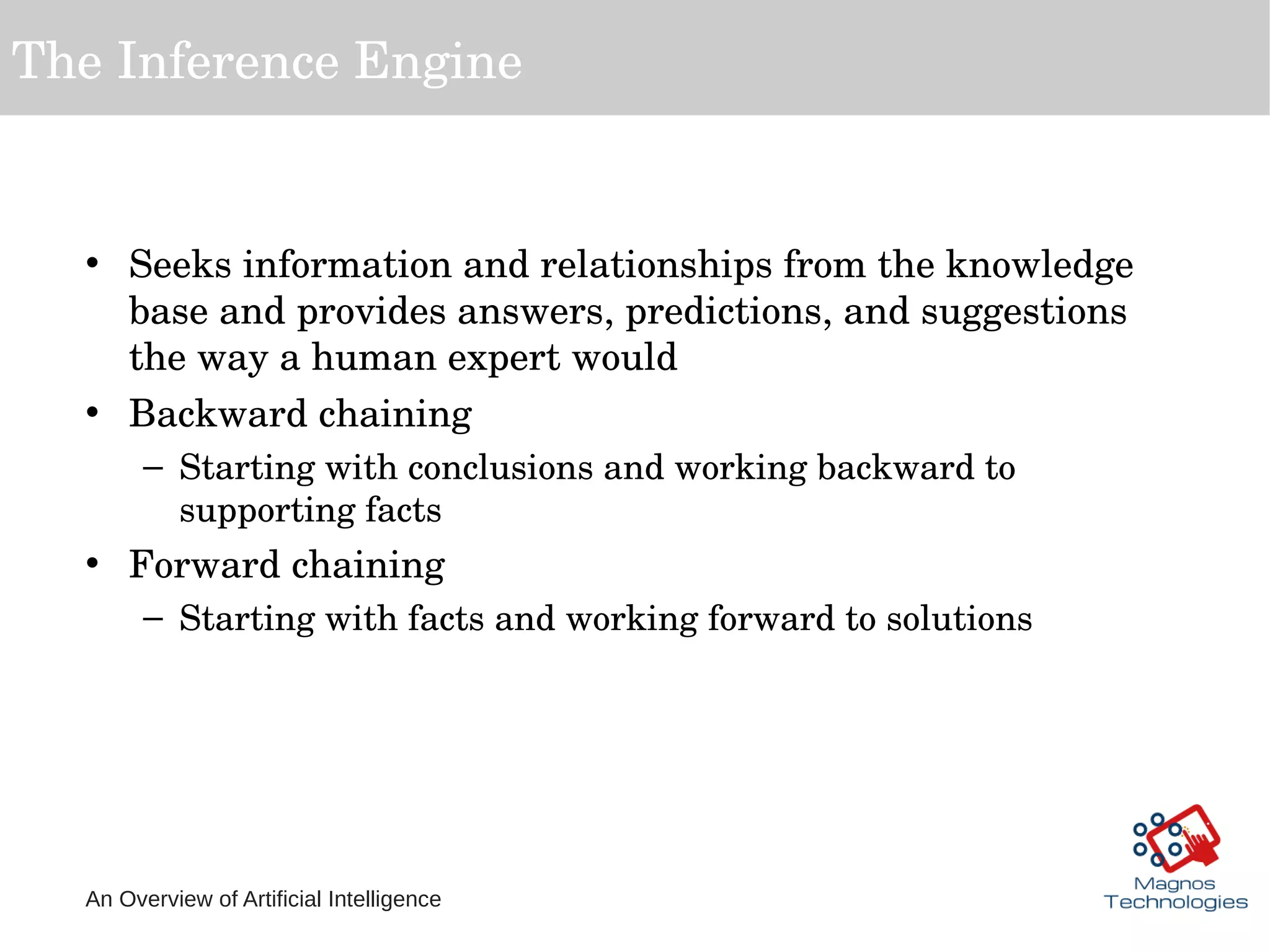An Overview of Artificial Intelligence
The Inference Engine
• Seeks information and relationships from the knowledge 
base and provides answers, predictions, and suggestions 
the way a human expert would
• Backward chaining
– Starting with conclusions and working backward to 
supporting facts
• Forward chaining
– Starting with facts and working forward to solutions
 
