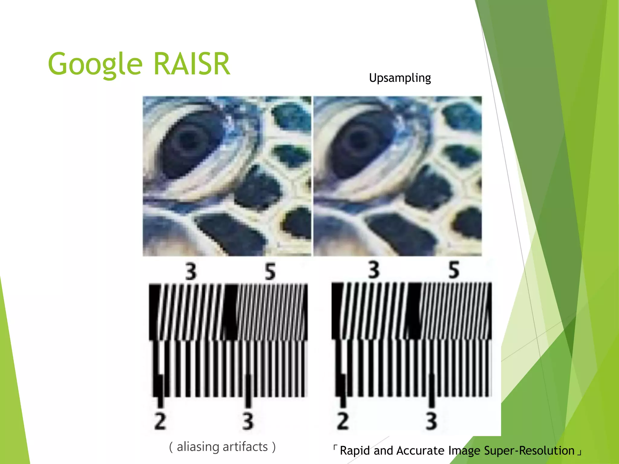 Google RAISR
「Rapid and Accurate Image Super-Resolution」
Upsampling
（aliasing artifacts）
 