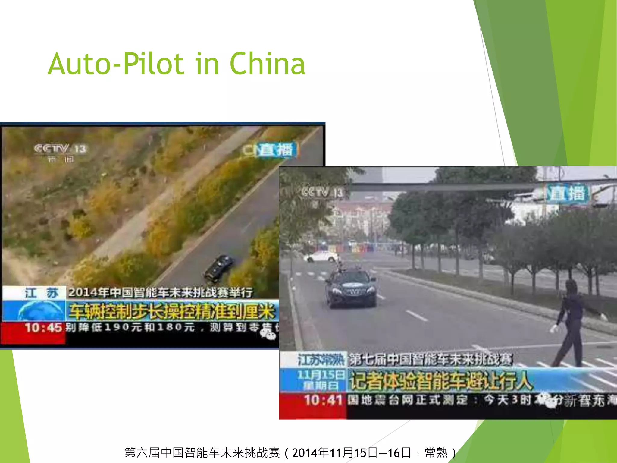 Auto-Pilot in China
第六届中国智能车未来挑战赛（2014年11月15日—16日，常熟）
 