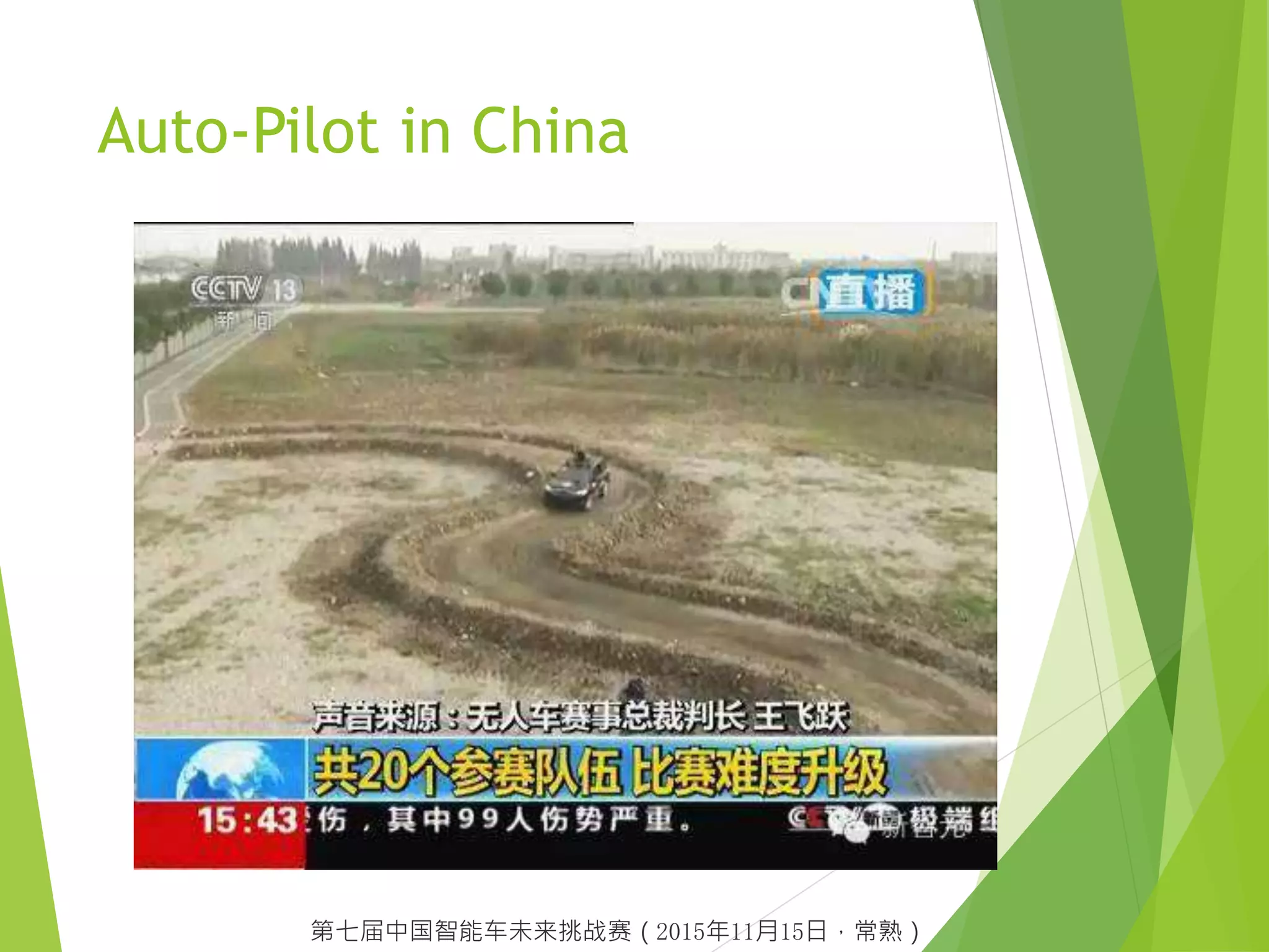Auto-Pilot in China
第七届中国智能车未来挑战赛（2015年11月15日，常熟）
 