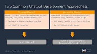 © 2018, Amazon Web Services, Inc. or its Affiliates. All rights reserved.
Two Common Chatbot Development Approachess
Retri...
