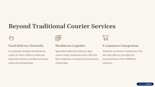 Beyond Traditional Courier Services
Food Delivery Networks
AI optimizes multiple simultaneous
orders for faster delivery times and
improved customer satisfaction across
restaurant partnerships.
Healthcare Logistics
Specialized pharmacy delivery apps
ensure timely medication drop-offs with
full compliance tracking and temperature
monitoring.
E-commerce Integration
Seamless warehouse connections with
last-mile delivery providers for
comprehensive order fulfillment
solutions.
 