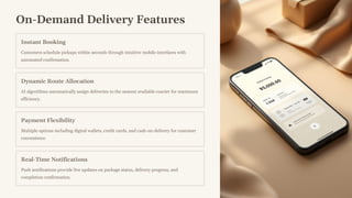 On-Demand Delivery Features
Instant Booking
Customers schedule pickups within seconds through intuitive mobile interfaces with
automated confirmation.
Dynamic Route Allocation
AI algorithms automatically assign deliveries to the nearest available courier for maximum
efficiency.
Payment Flexibility
Multiple options including digital wallets, credit cards, and cash-on-delivery for customer
convenience.
Real-Time Notifications
Push notifications provide live updates on package status, delivery progress, and
completion confirmation.
 