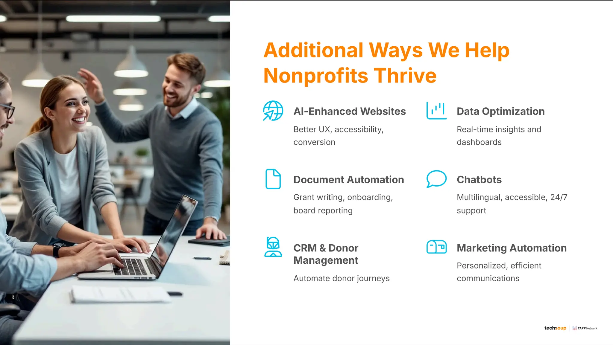 Additional Ways We Help
Nonprofits Thrive
AI-Enhanced Websites
Better UX, accessibility,
conversion
Data Optimization
Real-time insights and
dashboards
Document Automation
Grant writing, onboarding,
board reporting
Chatbots
Multilingual, accessible, 24/7
support
CRM & Donor
Management
Automate donor journeys
Marketing Automation
Personalized, efficient
communications
 