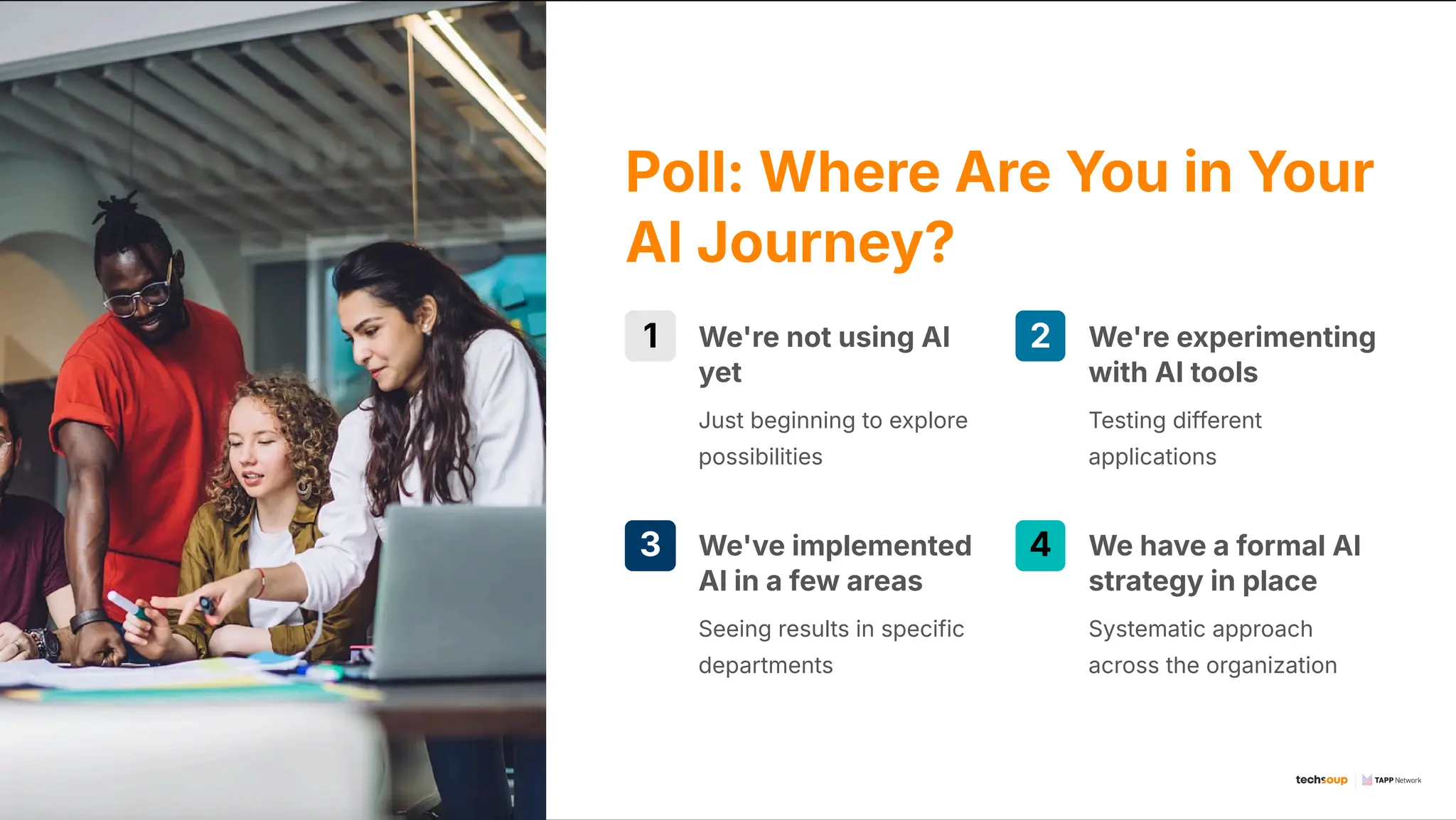 Poll: Where Are You in Your
AI Journey?
1 We're not using AI
yet
Just beginning to explore
possibilities
2 We're experimenting
with AI tools
Testing different
applications
3 We've implemented
AI in a few areas
Seeing results in specific
departments
4 We have a formal AI
strategy in place
Systematic approach
across the organization
 