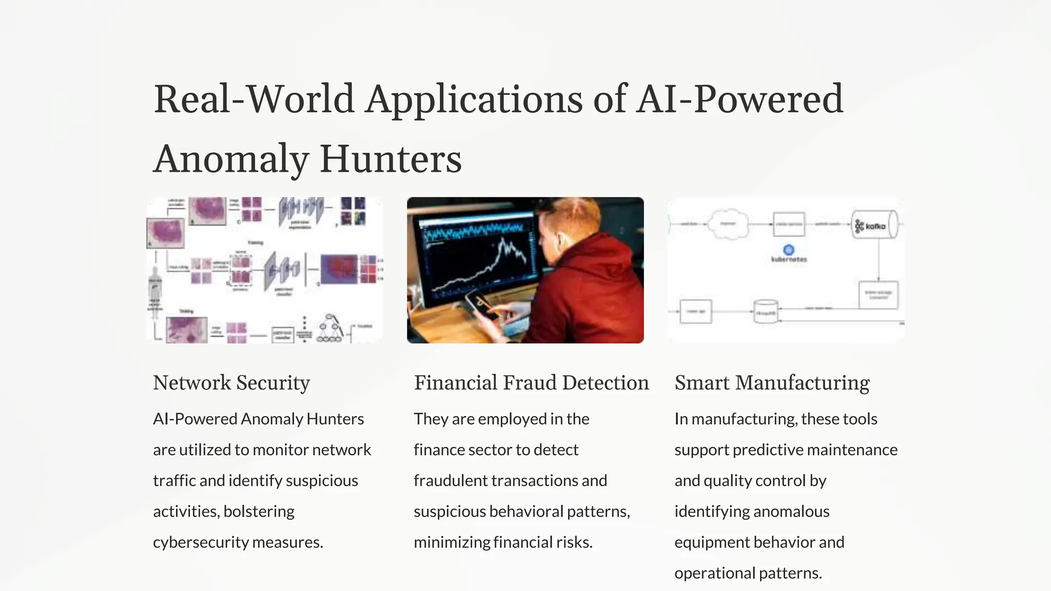 Real-World Applications of AI-Powered
Anomaly Hunters
Network Security
AI-Powered Anomaly Hunters
are utilized to monitor network
traffic and identify suspicious
activities, bolstering
cybersecurity measures.
Financial Fraud Detection
They are employed in the
finance sector to detect
fraudulent transactions and
suspicious behavioral patterns,
minimizing financial risks.
Smart Manufacturing
In manufacturing, these tools
support predictive maintenance
and quality control by
identifying anomalous
equipment behavior and
operational patterns.
 