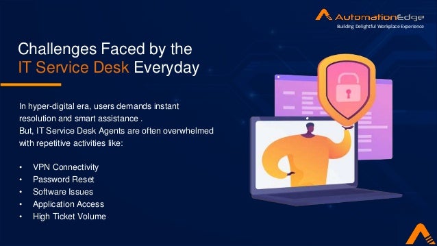 Challenges Faced by the
IT Service Desk Everyday
In hyper-digital era, users demands instant
resolution and smart assistance .
But, IT Service Desk Agents are often overwhelmed
with repetitive activities like:
• VPN Connectivity
• Password Reset
• Software Issues
• Application Access
• High Ticket Volume
Building Delightful Workplace Experience
 