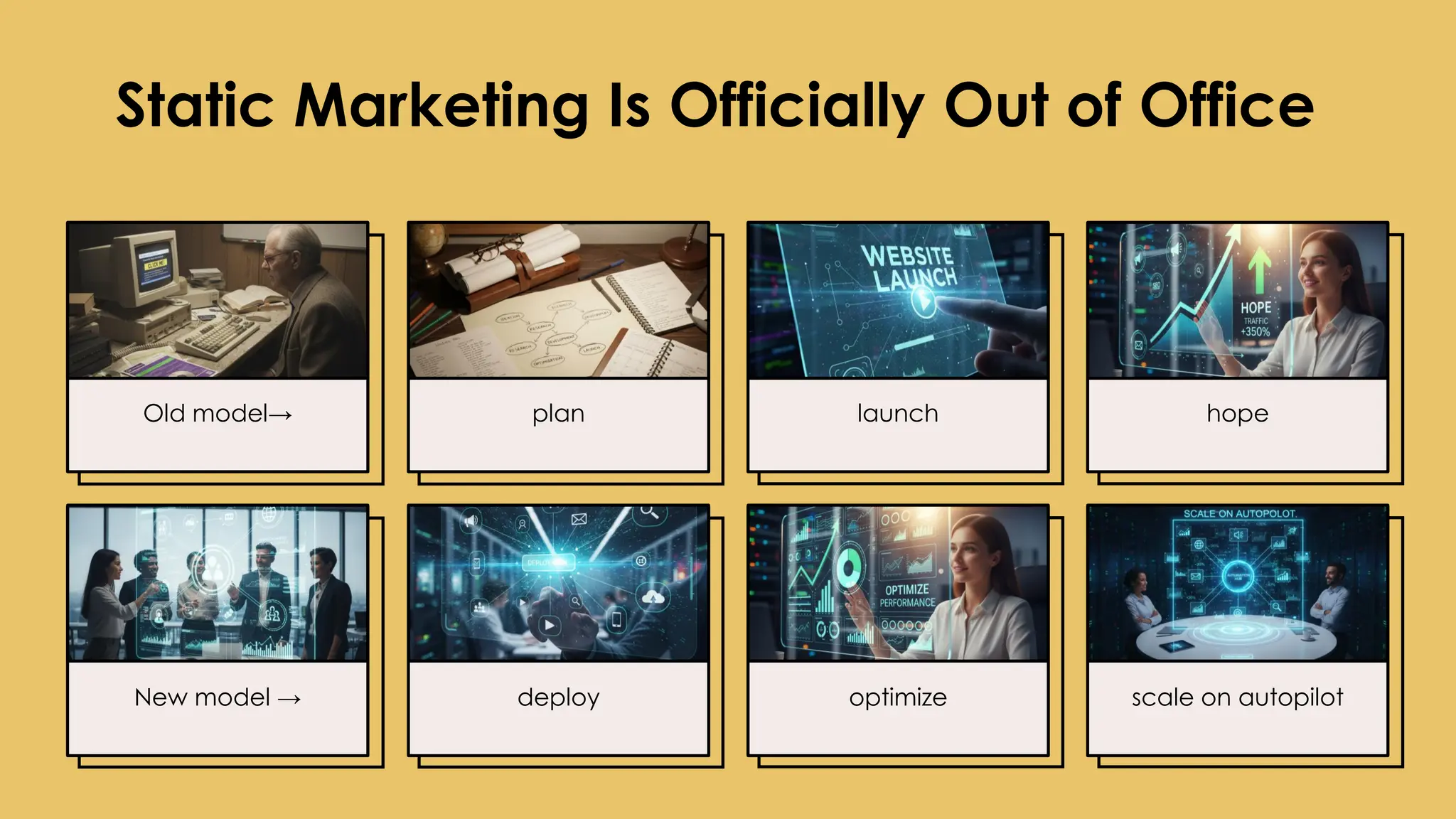 Static Marketing Is Officially Out of Office
Old model→
New model →
plan
deploy
launch
optimize
hope
scale on autopilot
 