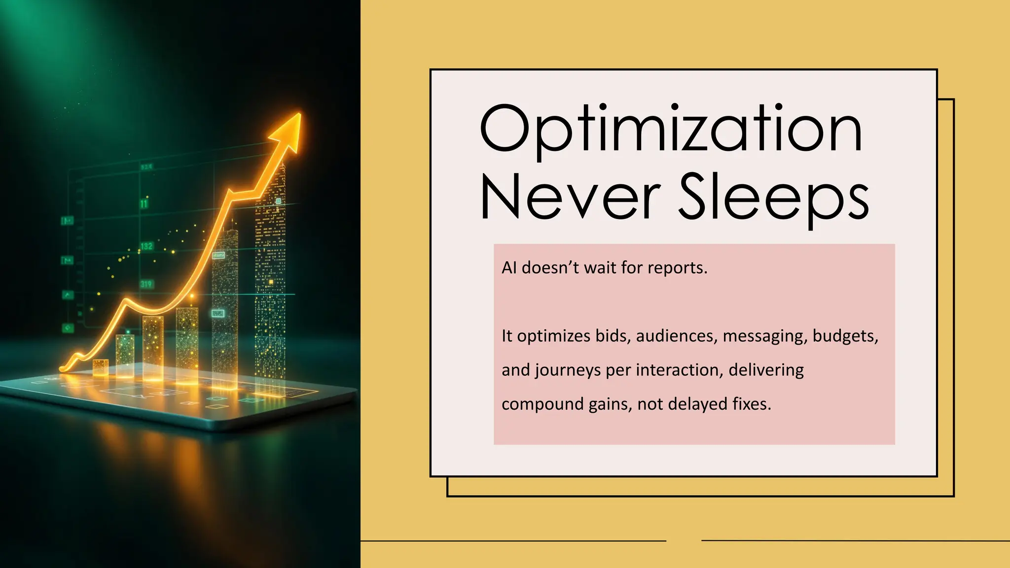 Optimization
Never Sleeps
AI doesn’t wait for reports.
It optimizes bids, audiences, messaging, budgets,
and journeys per interaction, delivering
compound gains, not delayed fixes.
 