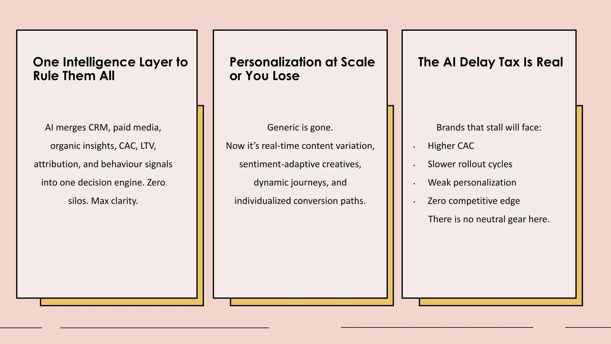 One Intelligence Layer to
Rule Them All
AI merges CRM, paid media,
organic insights, CAC, LTV,
attribution, and behaviour signals
into one decision engine. Zero
silos. Max clarity.
Personalization at Scale
or You Lose
The AI Delay Tax Is Real
Generic is gone.
Now it’s real-time content variation,
sentiment-adaptive creatives,
dynamic journeys, and
individualized conversion paths.
Brands that stall will face:
• Higher CAC
• Slower rollout cycles
• Weak personalization
• Zero competitive edge
There is no neutral gear here.
 