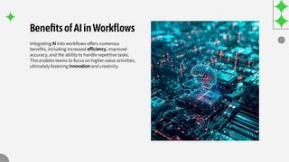 BeneﬁtsofAIinWorkﬂows
Integrating AI into workﬂows offers numerous
beneﬁts, including increased efﬁciency, improved
accuracy, and the ability to handle repetitive tasks.
This enables teams to focus on higher-value activities,
ultimately fostering innovation and creativity.
 