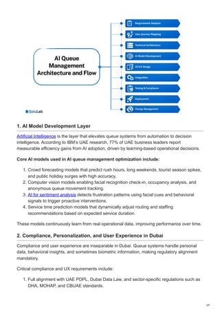 1. AI Model Development Layer
Artificial Intelligence is the layer that elevates queue systems from automation to decision
intelligence. According to IBM’s UAE research, 77% of UAE business leaders report
measurable efficiency gains from AI adoption, driven by learning-based operational decisions.
Core AI models used in AI queue management optimization include:
1. Crowd forecasting models that predict rush hours, long weekends, tourist season spikes,
and public holiday surges with high accuracy.
2. Computer vision models enabling facial recognition check-in, occupancy analysis, and
anonymous queue movement tracking.
3. AI for sentiment analysis detects frustration patterns using facial cues and behavioral
signals to trigger proactive interventions.
4. Service time prediction models that dynamically adjust routing and staffing
recommendations based on expected service duration.
These models continuously learn from real operational data, improving performance over time.
2. Compliance, Personalization, and User Experience in Dubai
Compliance and user experience are inseparable in Dubai. Queue systems handle personal
data, behavioral insights, and sometimes biometric information, making regulatory alignment
mandatory.
Critical compliance and UX requirements include:
1. Full alignment with UAE PDPL, Dubai Data Law, and sector-specific regulations such as
DHA, MOHAP, and CBUAE standards.
3/9
 