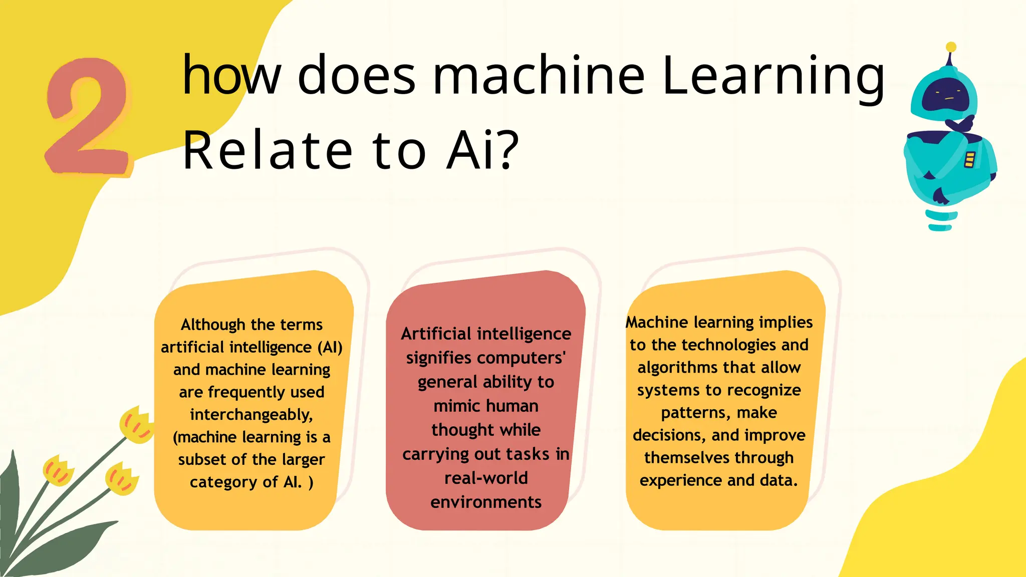 how does machine Learning
Relate to Ai?
Machine learning implies
to the technologies and
algorithms that allow
systems to recognize
patterns, make
decisions, and improve
themselves through
experience and data.
Although the terms
artificial intelligence (AI)
and machine learning
are frequently used
interchangeably,
(machine learning is a
subset of the larger
category of AI. )
Artificial intelligence
signifies computers'
general ability to
mimic human
thought while
carrying out tasks in
real-world
environments
 