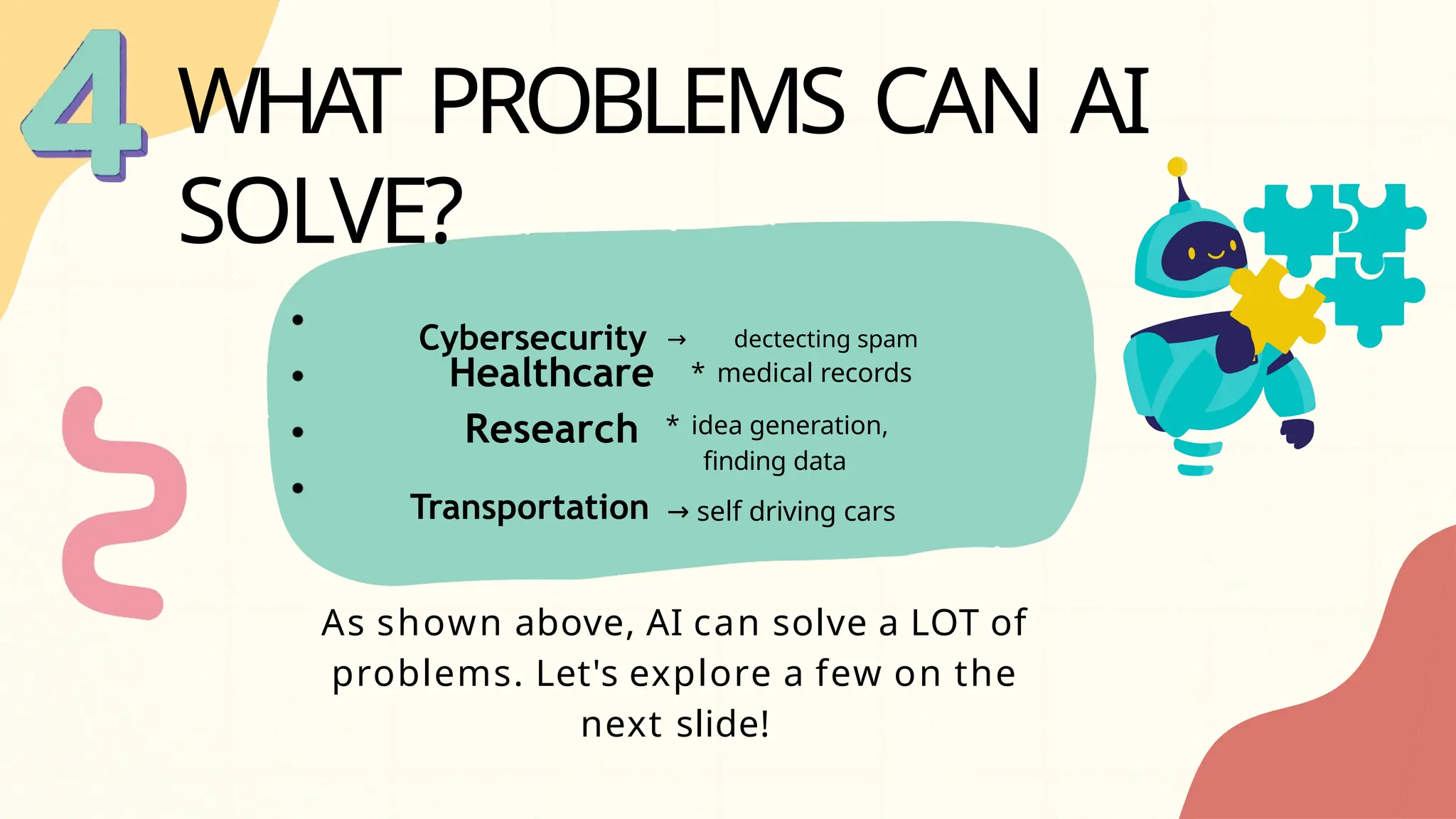 WHAT PROBLEMS CAN AI
SOLVE?
Healthcare
Research
As shown above, AI can solve a LOT of
problems. Let's explore a few on the
next slide!
Transportation → self driving cars
finding data
* medical records
* idea generation,
Cybersecurity → dectecting spam
 