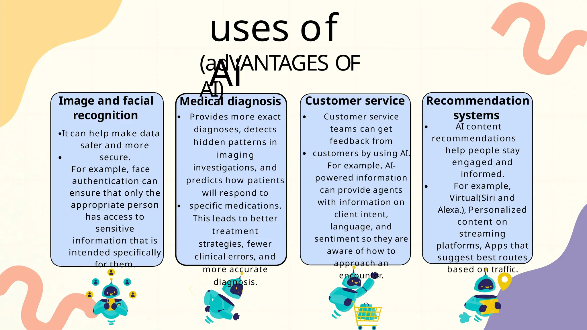 uses of
Ai Customer service
Customer service
teams can get
feedback from
customers by using AI.
For example, AI-
powered information
can provide agents
with information on
client intent,
language, and
sentiment so they are
aware of how to
approach an
encounter.
Medical diagnosis
Provides more exact
diagnoses, detects
hidden patterns in
imaging
investigations, and
predicts how patients
will respond to
specific medications.
This leads to better
treatment
strategies, fewer
clinical errors, and
more accurate
diagnosis.
(adVANTAGES OF
AI)
Image and facial
recognition
It can help make data
safer and more
secure.
For example, face
authentication can
ensure that only the
appropriate person
has access to
sensitive
information that is
intended specifically
for them.
Recommendation
systems
AI content
recommendations
help people stay
engaged and
informed.
For example,
Virtual(Siri and
Alexa.), Personalized
content on
streaming
platforms, Apps that
suggest best routes
based on traffic.
 