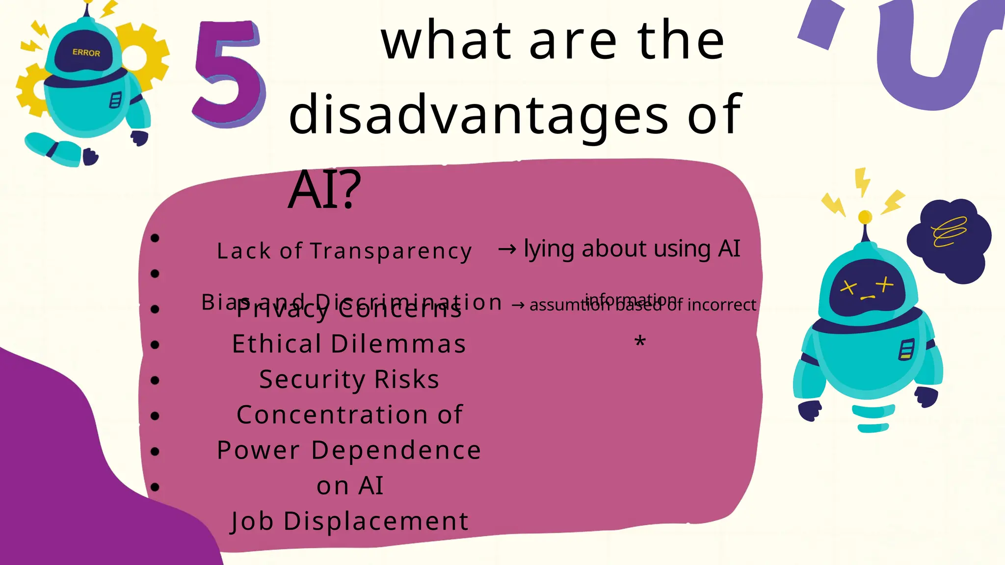 what are the
disadvantages of
AI?
Privacy Concerns
Ethical Dilemmas
Security Risks
Concentration of
Power Dependence
on AI
Job Displacement
Lack of Transparency → lying about using AI
Bias a n d Discrimination → assumtion based of incorrect
information
*
 