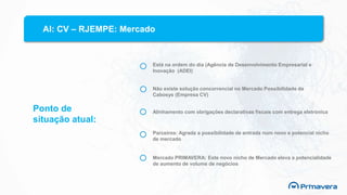AI: CV – RJEMPE: Mercado
Está na ordem do dia (Agência de Desenvolvimento Empresarial e
Inovação (ADEI)
Não existe solução concorrencial no Mercado Possibilidade da
Cabosys (Empresa CV)
Alinhamento com obrigações declarativas fiscais com entrega eletrónica
Parceiros: Agrada a possibilidade de entrada num novo e potencial nicho
de mercado
Mercado PRIMAVERA: Este novo nicho de Mercado eleva a potencialidade
de aumento de volume de negócios
Ponto de
situação atual:
 