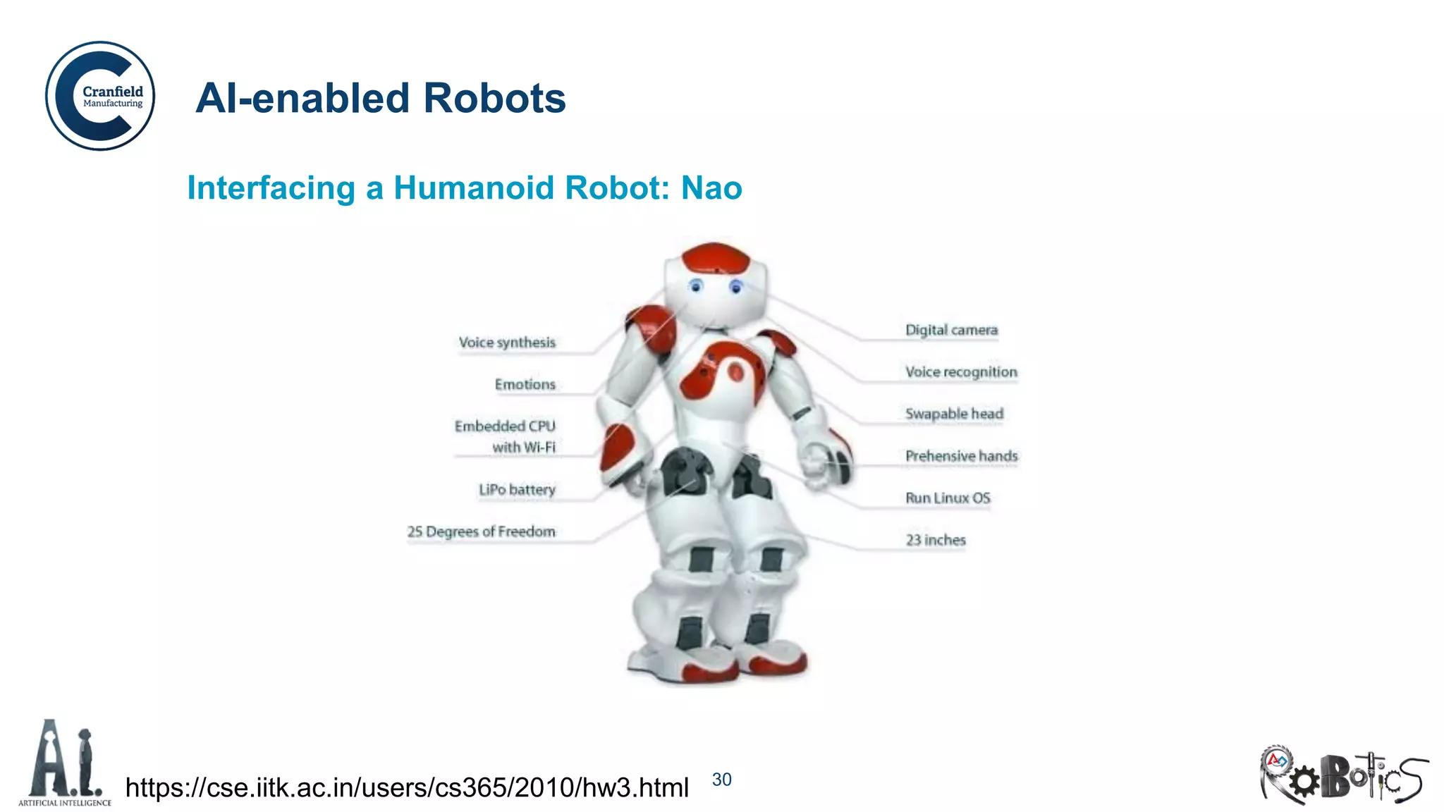 30
Interfacing a Humanoid Robot: Nao
AI-enabled Robots
https://cse.iitk.ac.in/users/cs365/2010/hw3.html
 