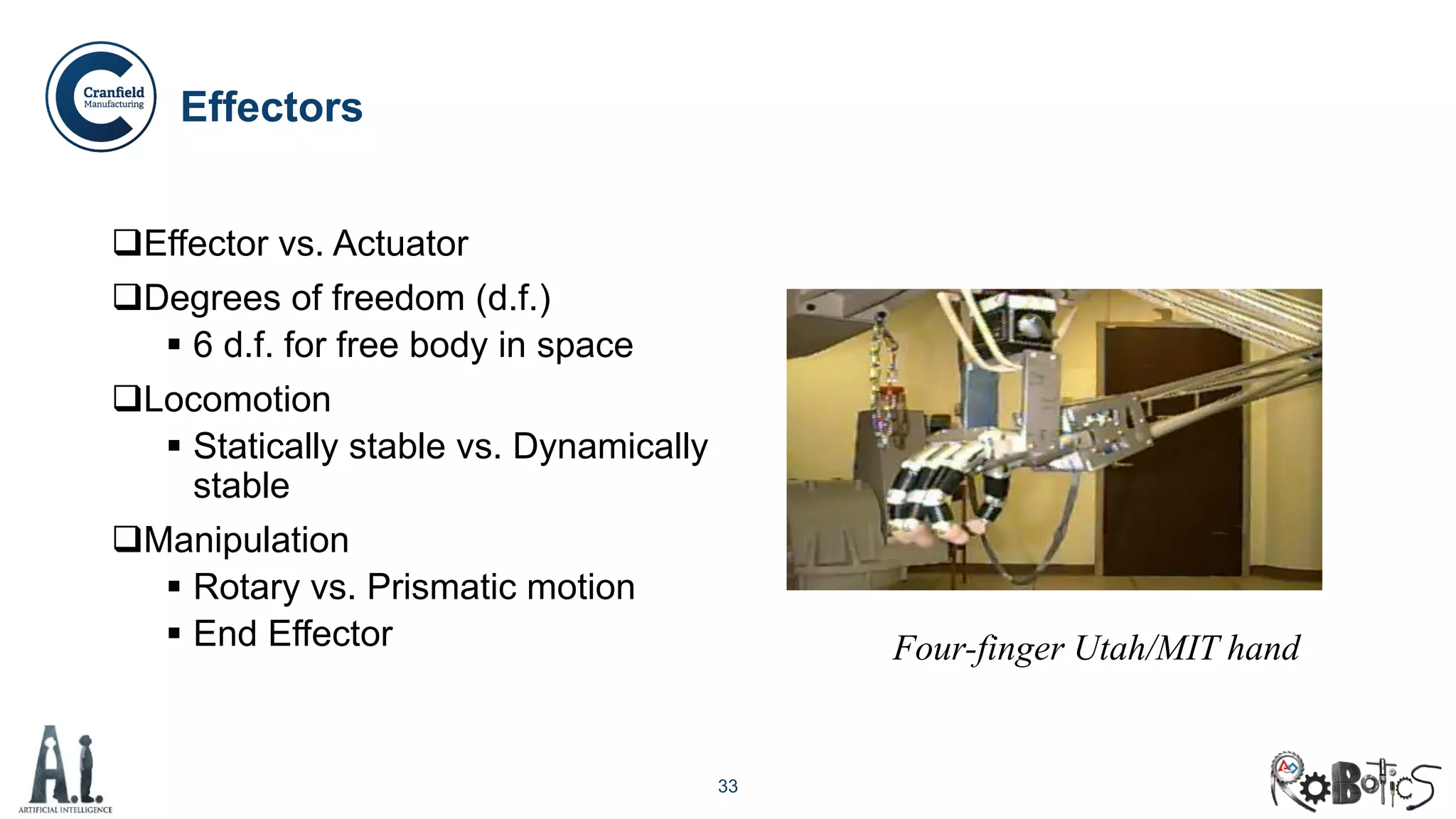 33
Effectors
Effector vs. Actuator
Degrees of freedom (d.f.)
 6 d.f. for free body in space
Locomotion
 Statically stable vs. Dynamically
stable
Manipulation
 Rotary vs. Prismatic motion
 End Effector Four-finger Utah/MIT hand
 