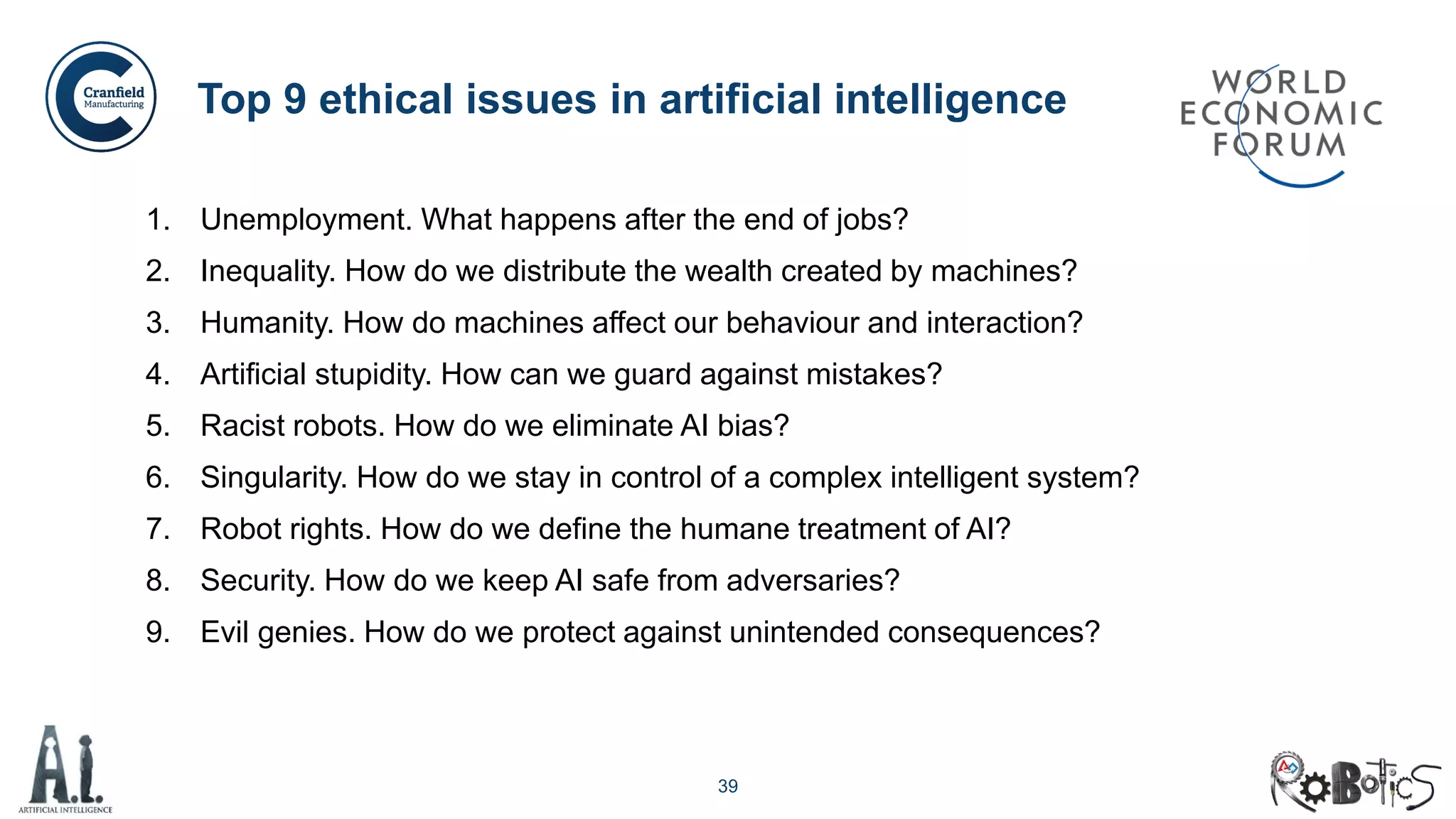 39
Top 9 ethical issues in artificial intelligence
1. Unemployment. What happens after the end of jobs?
2. Inequality. How do we distribute the wealth created by machines?
3. Humanity. How do machines affect our behaviour and interaction?
4. Artificial stupidity. How can we guard against mistakes?
5. Racist robots. How do we eliminate AI bias?
6. Singularity. How do we stay in control of a complex intelligent system?
7. Robot rights. How do we define the humane treatment of AI?
8. Security. How do we keep AI safe from adversaries?
9. Evil genies. How do we protect against unintended consequences?
 