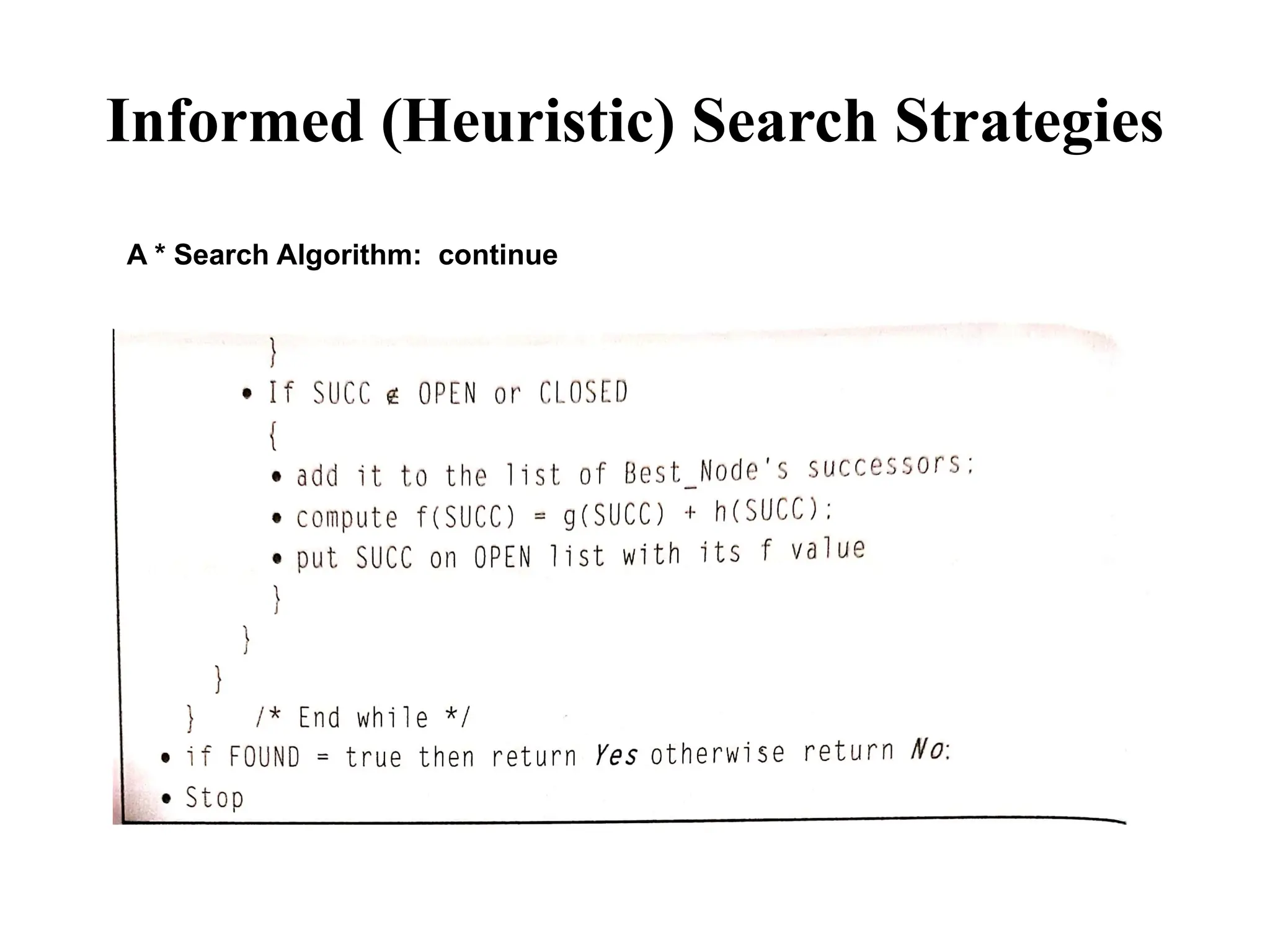 Informed (Heuristic) Search Strategies
A * Search Algorithm: continue
 