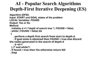 Algorithm (DFID)
Input: START and GOAL states of the problem
LOCAL Variables: FOUND
Output: Yes or No
Method:
. initialize d =1 /*depth of search tree */, FOUND = false;
. while ( FOUND = false) do
{
. perform a depth first search from start to depth d.
. if goal state is obtained then FOUND = true else discard
the nodes generated in the search of depth d
. d =d+1
} /* end while*/
. if found = true then Yes otherwise return NO
. Stop
AI - Popular Search Algorithms
Depth-First Iterative Deepening (ES)
 