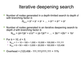 30
Iterative deepening search
 Number of nodes generated in a depth-limited search to depth d
with branching factor b:
NDLS = b0
+ b1
+ b2
+ … + bd-2
+ bd-1
+ bd
 Number of nodes generated in an iterative deepening search to
depth d with branching factor b:
NIDS = (d+1)b0
+ d b^1
+ (d-1)b^2
+ … + 3bd-2
+2bd-1
+ 1bd
 For b = 10, d = 5,

NDLS = 1 + 10 + 100 + 1,000 + 10,000 + 100,000 = 111,111

NIDS = 6 + 50 + 400 + 3,000 + 20,000 + 100,000 = 123,456
 Overhead = (123,456 - 111,111)/111,111 = 11%
 