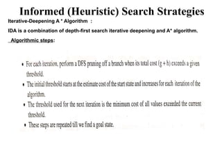Informed (Heuristic) Search Strategies
Iterative-Deepening A * Algorithm :
IDA is a combination of depth-first search iterative deepening and A* algorithm.
Algorithmic steps:
 