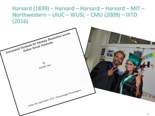 Harvard (1839) – Harvard – Harvard – Harvard – MIT –
Northwestern – UIUC – WUSL – CMU (2009) – IIITD
(2016)
33
 