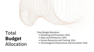 Total
Budget
Allocation
Total Budget Allocation:
Marketing and Promotion: 40%
Sales and Distribution: 30%
Human Resources and Training: 15%
Technological Infrastructure and Innovation: 15%
 