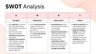 S W O T
Strenghts Weaknesses Opportunities Threats
Deep expertise in industrial
automation and software
with a reliable technological
infrastructure.
Use of AI and machine
learning for predictive
maintenance and process
optimization.
Flexibility and modularity
of ERP software, ensuring
easy integration and high
customer satisfaction.
Potential for cost savings
by improving energy and
material efficiency.
Limited brand awareness
in global markets and
challenges in adapting to
new markets.
Resource constraints and
limited financial capacity
may hinder rapid
international growth.
Growing demand for ERP
solutions driven by Industry
4.0 and digital
transformation.
Expansion opportunities in
rapidly growing markets
such as Asia, the Middle
East, and Latin America.
Potential to offer
sustainable solutions
targeting energy efficiency
and environmental goals.
Market access through
strategic partnerships.
Intense competition from
major players like SAP,
Oracle, and Microsoft.
Rapid technological
changes could make it
difficult to keep the
software up to date.
Challenges in ensuring
compliance with data
privacy regulations and
legal requirements.
SWOT Analysis
 