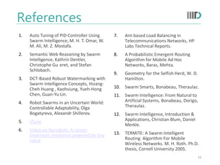 References
7. Ant-based Load Balancing in
Telecommunications Networks, HP
Labs Technical Reports.
8. A Probabilistic Emergent Routing
Algorithm for Mobile Ad Hoc
Networks, Baras, Mehta.
9. Geometry for the Selfish Herd, W. D.
Hamilton.
10. Swarm Smarts, Bonabeau, Theraulaz.
11. Swarm Intelligence: From Natural to
Artificial Systems, Bonabeau, Dorigo,
Theraulaz.
12. Swarm Intelligence, Introduction &
Applications, Christian Blum, Daniel
Merkle.
13. TERMITE: A Swarm Intelligent
Routing Algorithm For Mobile
Wireless Networks. M. H. Roth. Ph.D.
thesis, Cornell University 2005.
15
1. Auto Tuning of PID Controller Using
Swarm Intelligence, M. H. T. Omar, W.
M. Ali, M. Z. Mostafa.
2. Semantic Web Reasoning by Swarm
Intelligence, Kathrin Dentler,
Christophe Gu eret, and Stefan
Schlobach.
3. DCT-Based Robust Watermarking with
Swarm Intelligence Concepts, Hsiang-
Cheh Huang , Kaohsiung, Yueh-Hong
Chen, Guan-Yu Lin.
4. Robot Swarms in an Uncertain World:
Controllable Adaptability, Olga
Bogatyreva, Alexandr Shillerov.
5. xTune
6. Video on Nanobots: A cancer
treatment revolution powered by tiny
robot
 