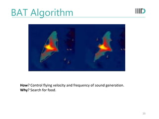 20
BAT Algorithm
How? Control flying velocity and frequency of sound generation.
Why? Search for food.
 