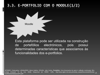 Esta plataforma pode ser utilizada na construção de portefólios electrónicos, pois possui determinadas características que associamos às funcionalidades dos e-portfolios. AFONSO, Cristovalina; LARANJEIRO, Maria Adelino; SOUSA, João Carlos.  Portefólio:  Uma ferramenta de apoio à reflexão continuada. [Em Linha]. [Consult. 14 de Out. 2009]. Disponível em WWW: <URL: http://www.dgidc.min-edu.pt/revista_noesis/Documents/Revista%20Noesis/destacavel74.pdf> Moodle 