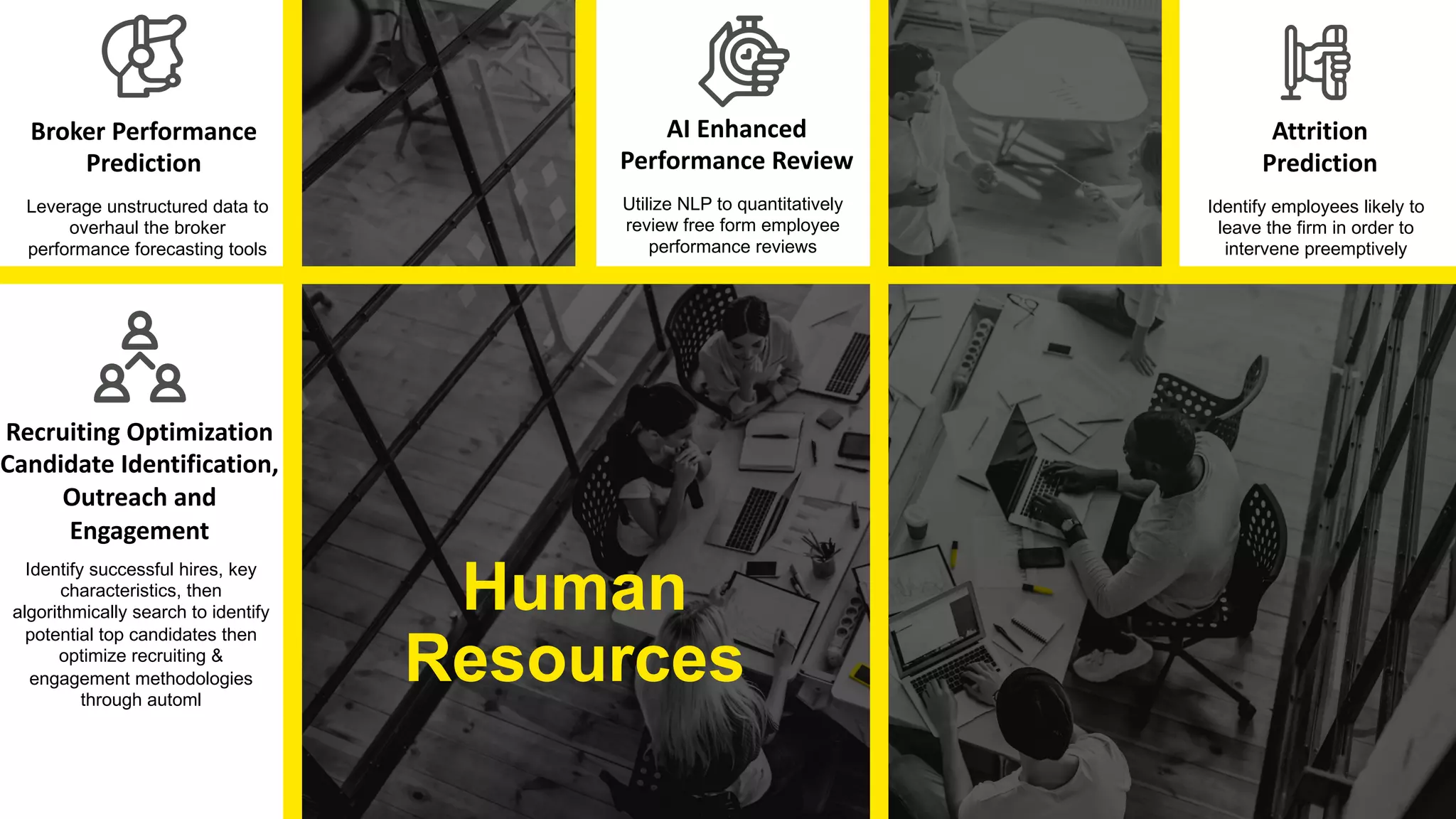 Confidential11
Finance
• Customer example
Cash forecasting for
payroll
Use case 2
Use Case 3
Use case 4
Broker Performance
Prediction
Leverage unstructured data to
overhaul the broker
performance forecasting tools
Human
Resources
AI Enhanced
Performance Review
Utilize NLP to quantitatively
review free form employee
performance reviews
Attrition
Prediction
Identify employees likely to
leave the firm in order to
intervene preemptively
Recruiting Optimization
Candidate Identification,
Outreach and
Engagement
Identify successful hires, key
characteristics, then
algorithmically search to identify
potential top candidates then
optimize recruiting &
engagement methodologies
through automl
 