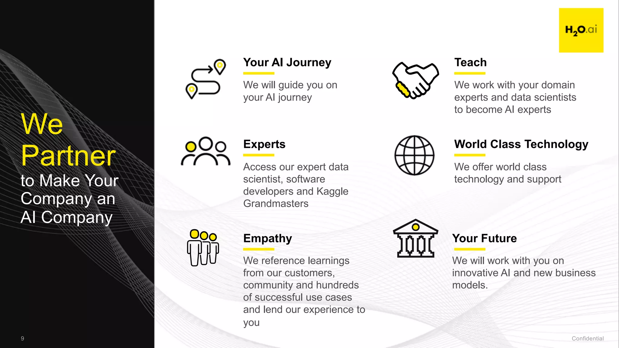 Confidential9
We
Partner
to Make Your
Company an
AI Company
We will guide you on
your AI journey
Your AI Journey
Access our expert data
scientist, software
developers and Kaggle
Grandmasters
Experts
We reference learnings
from our customers,
community and hundreds
of successful use cases
and lend our experience to
you
Empathy
We work with your domain
experts and data scientists
to become AI experts
We offer world class
technology and support
Teach
World Class Technology
We will work with you on
innovative AI and new business
models.
Your Future
 