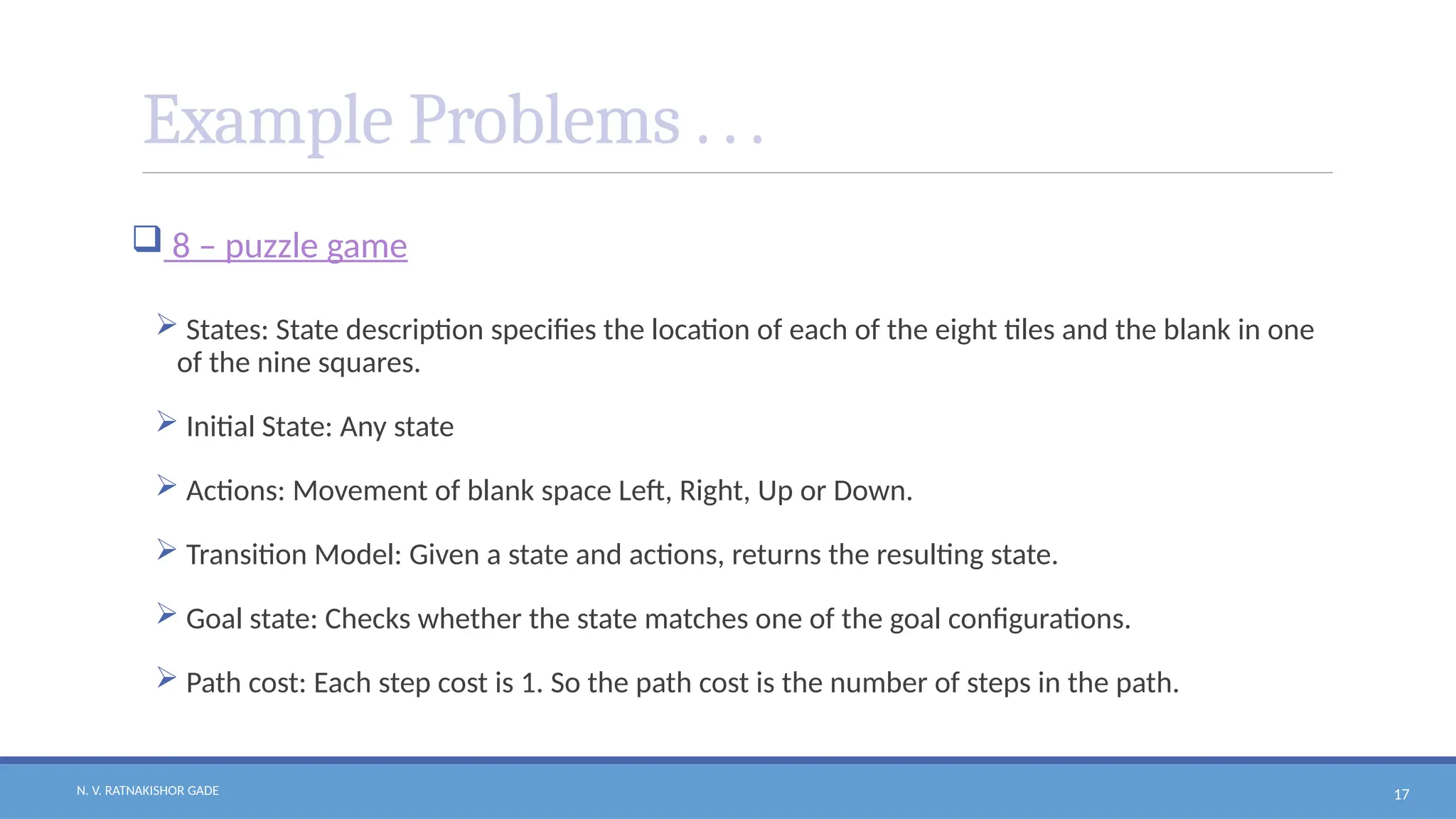 N. V. RATNAKISHOR GADE 17
Example Problems . . .
 8 – puzzle game
 States: State description specifies the location of each of the eight tiles and the blank in one
of the nine squares.
 Initial State: Any state
 Actions: Movement of blank space Left, Right, Up or Down.
 Transition Model: Given a state and actions, returns the resulting state.
 Goal state: Checks whether the state matches one of the goal configurations.
 Path cost: Each step cost is 1. So the path cost is the number of steps in the path.
 
