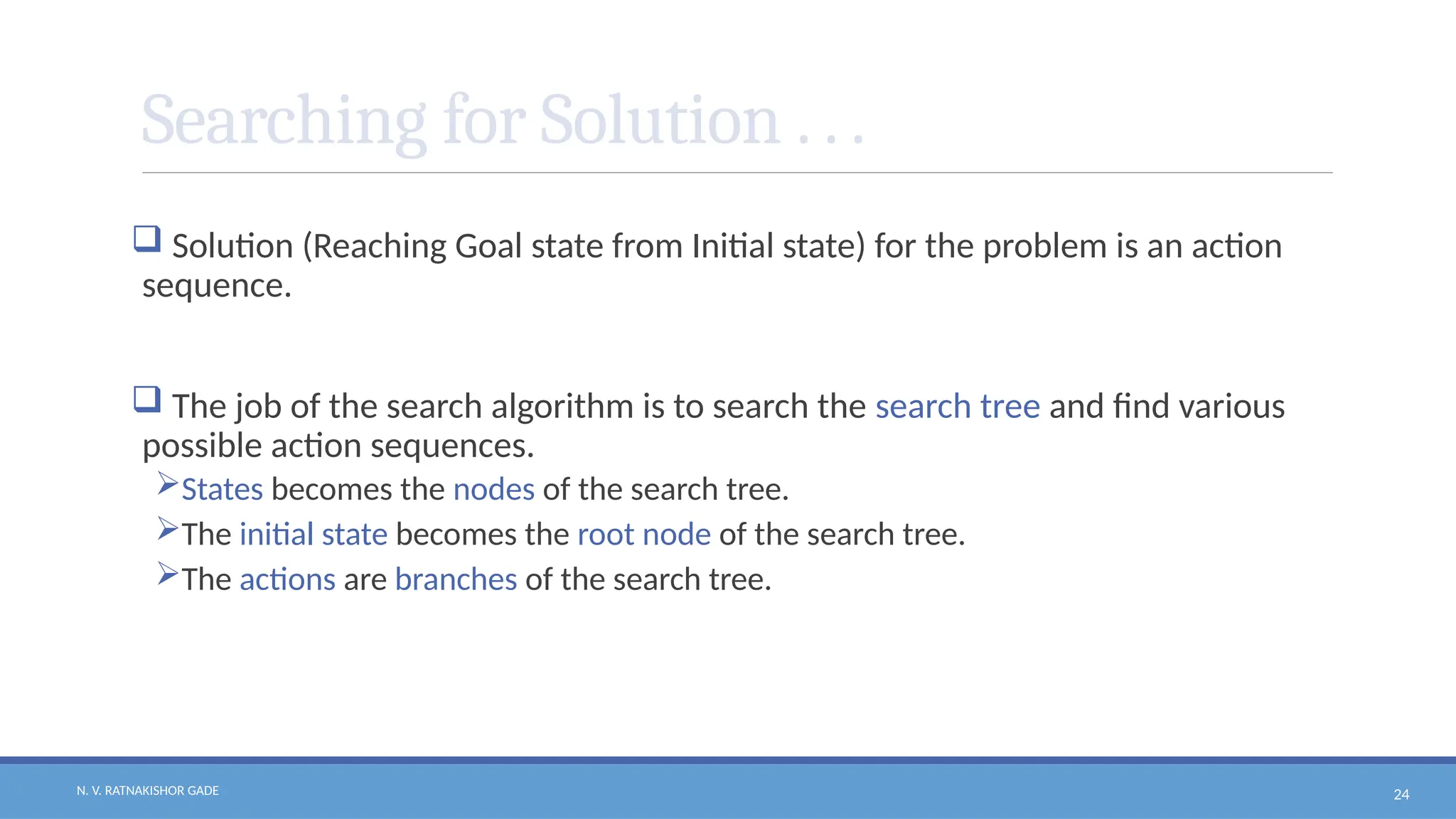 N. V. RATNAKISHOR GADE 24
Searching for Solution . . .
 Solution (Reaching Goal state from Initial state) for the problem is an action
sequence.
 The job of the search algorithm is to search the search tree and find various
possible action sequences.
States becomes the nodes of the search tree.
The initial state becomes the root node of the search tree.
The actions are branches of the search tree.
 