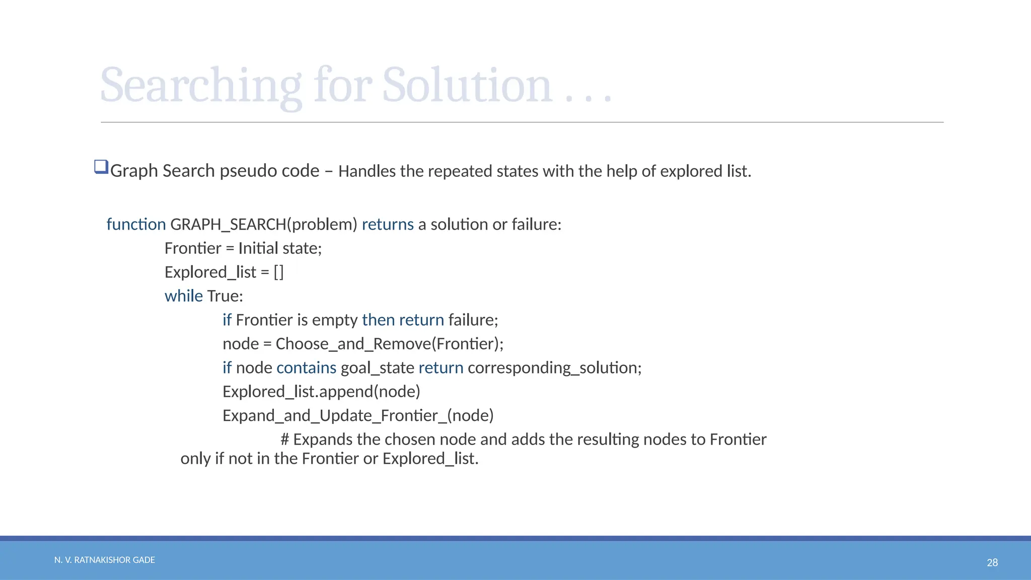 N. V. RATNAKISHOR GADE 28
Searching for Solution . . .
Graph Search pseudo code – Handles the repeated states with the help of explored list.
function GRAPH_SEARCH(problem) returns a solution or failure:
Frontier = Initial state;
Explored_list = []
while True:
if Frontier is empty then return failure;
node = Choose_and_Remove(Frontier);
if node contains goal_state return corresponding_solution;
Explored_list.append(node)
Expand_and_Update_Frontier_(node)
# Expands the chosen node and adds the resulting nodes to Frontier
only if not in the Frontier or Explored_list.
 