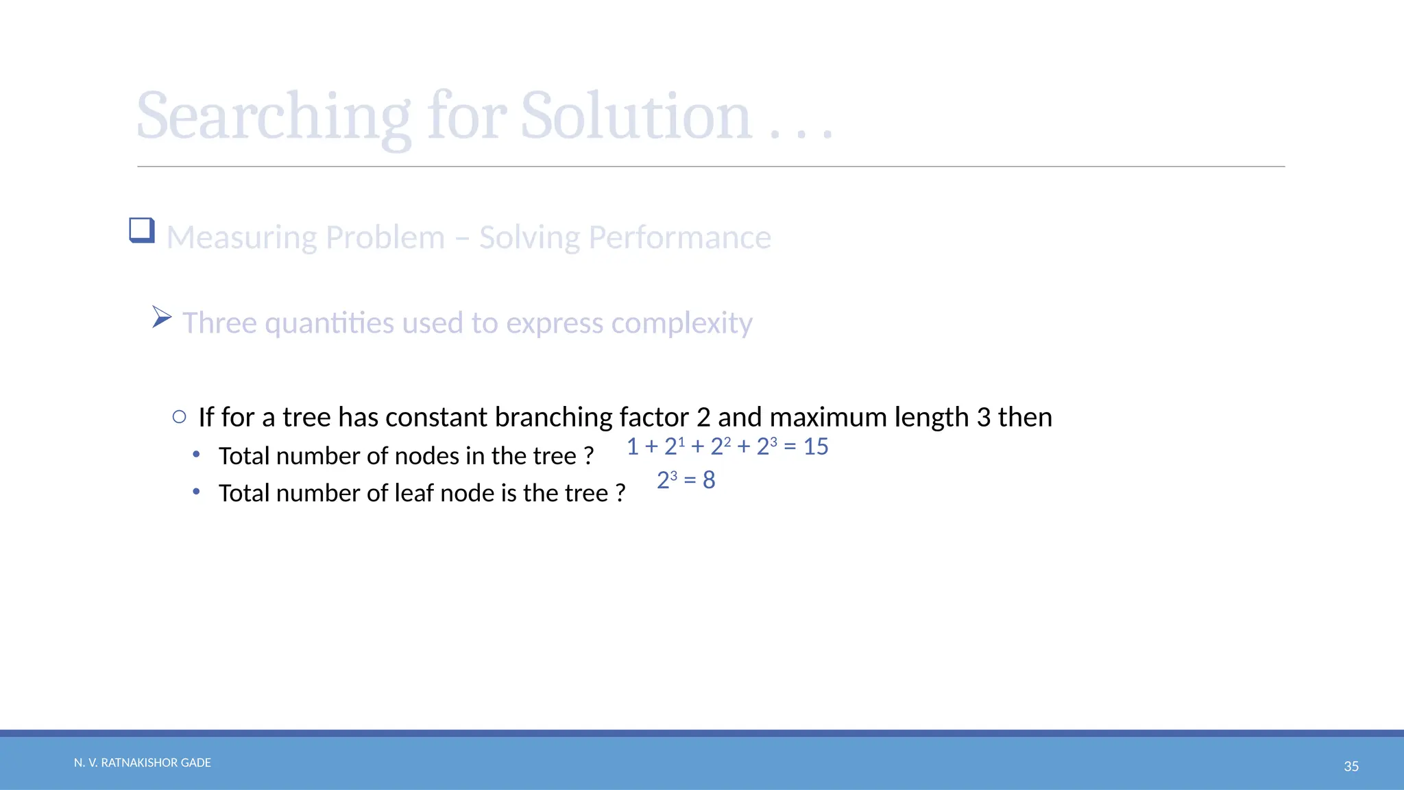 N. V. RATNAKISHOR GADE 35
Searching for Solution . . .
 Measuring Problem – Solving Performance
 Three quantities used to express complexity
o If for a tree has constant branching factor 2 and maximum length 3 then
• Total number of nodes in the tree ?
• Total number of leaf node is the tree ?
1 + 21
+ 22
+ 23
= 15
23
= 8
 